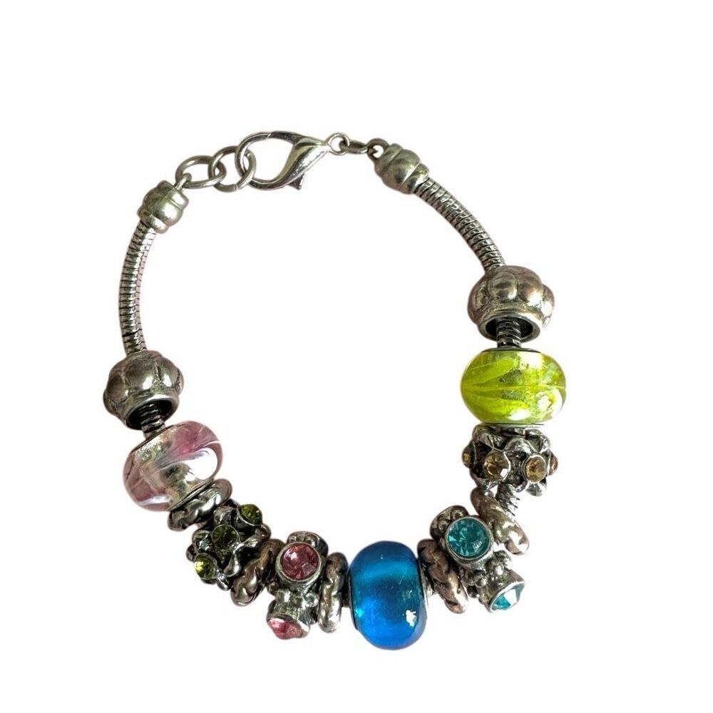 Silver tone charm beaded bracelet